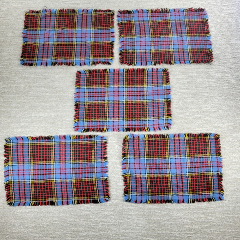 Set of 5 Tartan Plaid Placemats Blue Wool Blend Woven Fringed Preppy Old Money